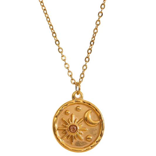 Fashion Celestial Moon Sun Delicate round Pendant Stainless Steel Necklace 18K Gold Plated Chain Trendy Charm Chic Jewelry