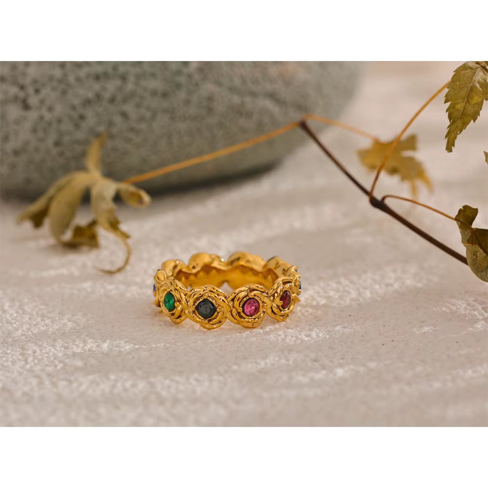 Colorful Cubic Zirconia Flower Ring 18K Gold Color PVD Plated Stainless Steel Fashion Finger Jewelry Accessories Gift