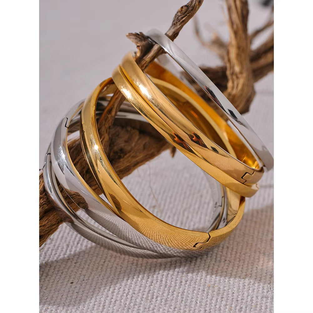 60Mm Waterproof 316L Stainless Steel round Smooth Bracelet Bangle Women Minimalist 18K Gold Color Texture Charm Jewelry