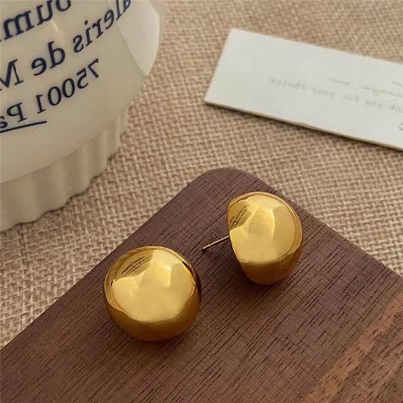 Glossy C-Shaped Ball Earrings Simple Gold Color Stud Earrings for Women Fashion Jewelry